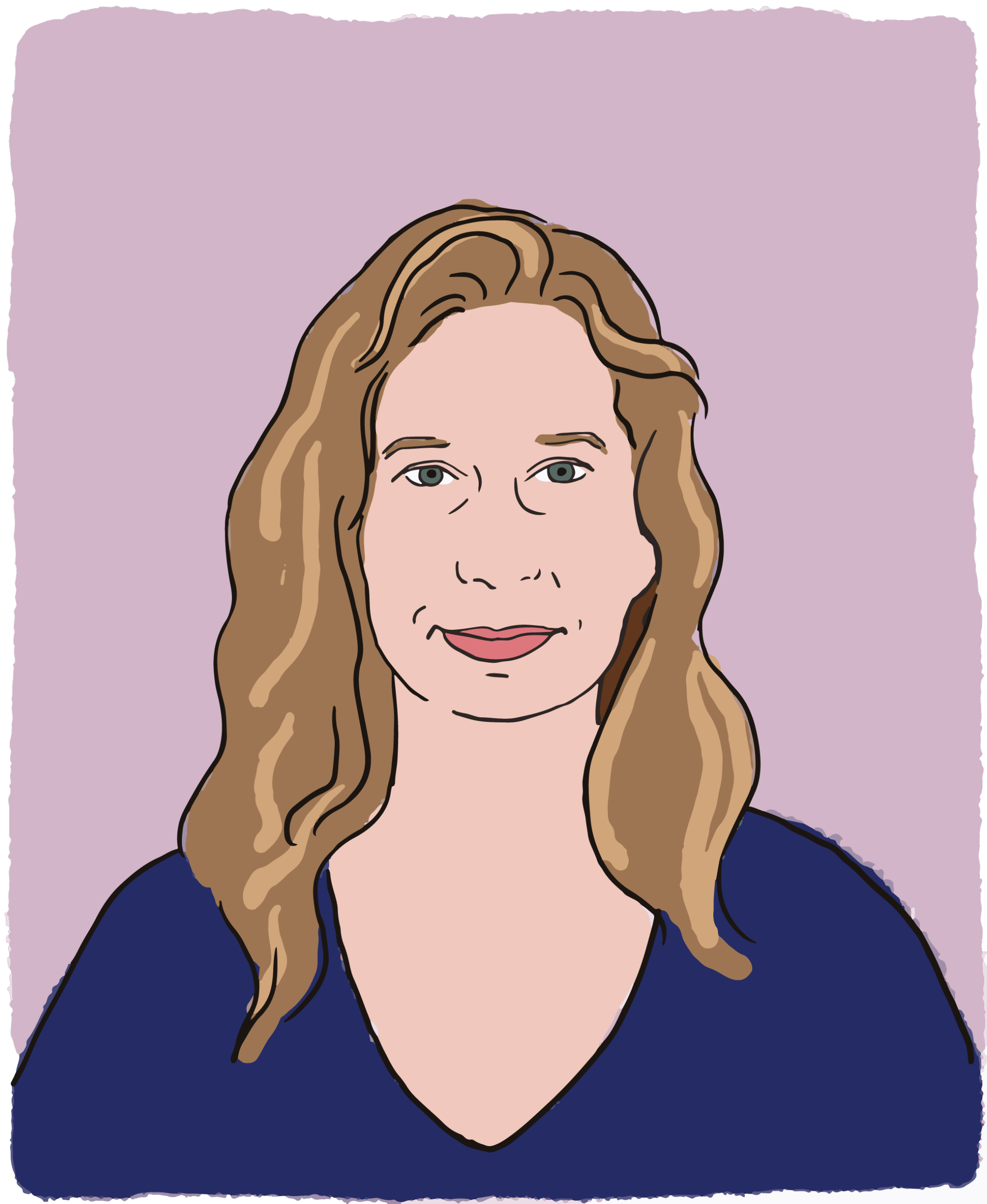 cartoon traced portrait of white woman with dark blonde hair and blue shirt smiling gently.